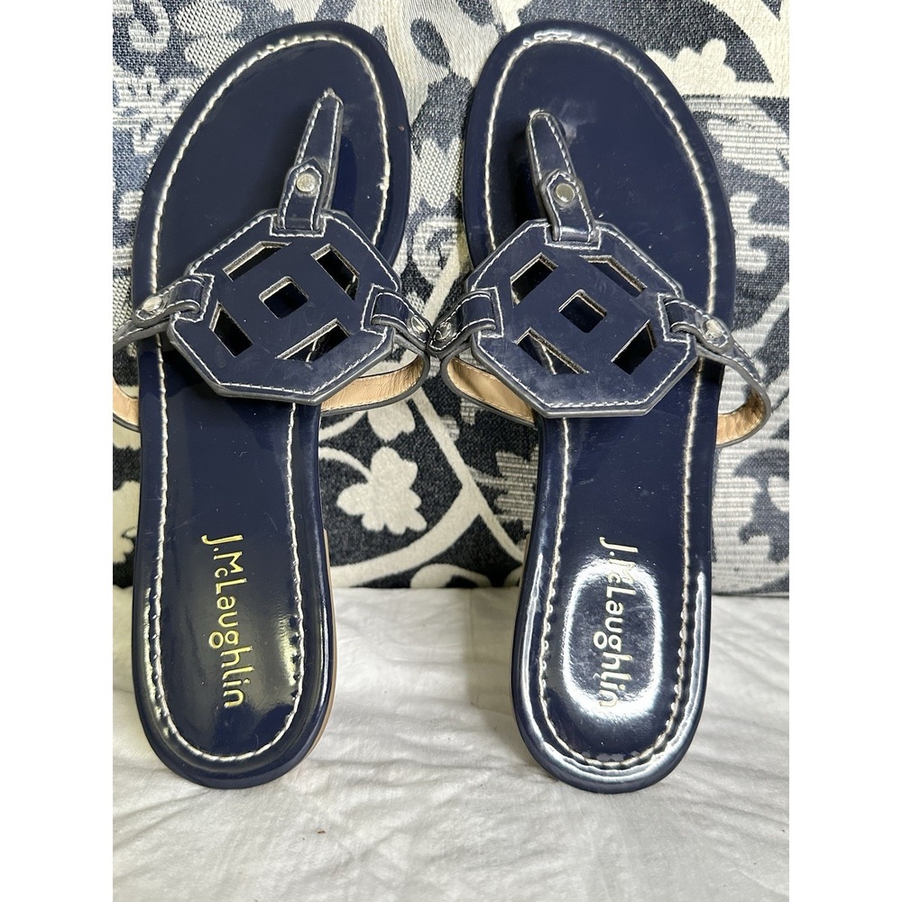 J. McLaughlin Lucy Size 8 Slip On Flip Flop Thong Sandals Navy Blue Patent